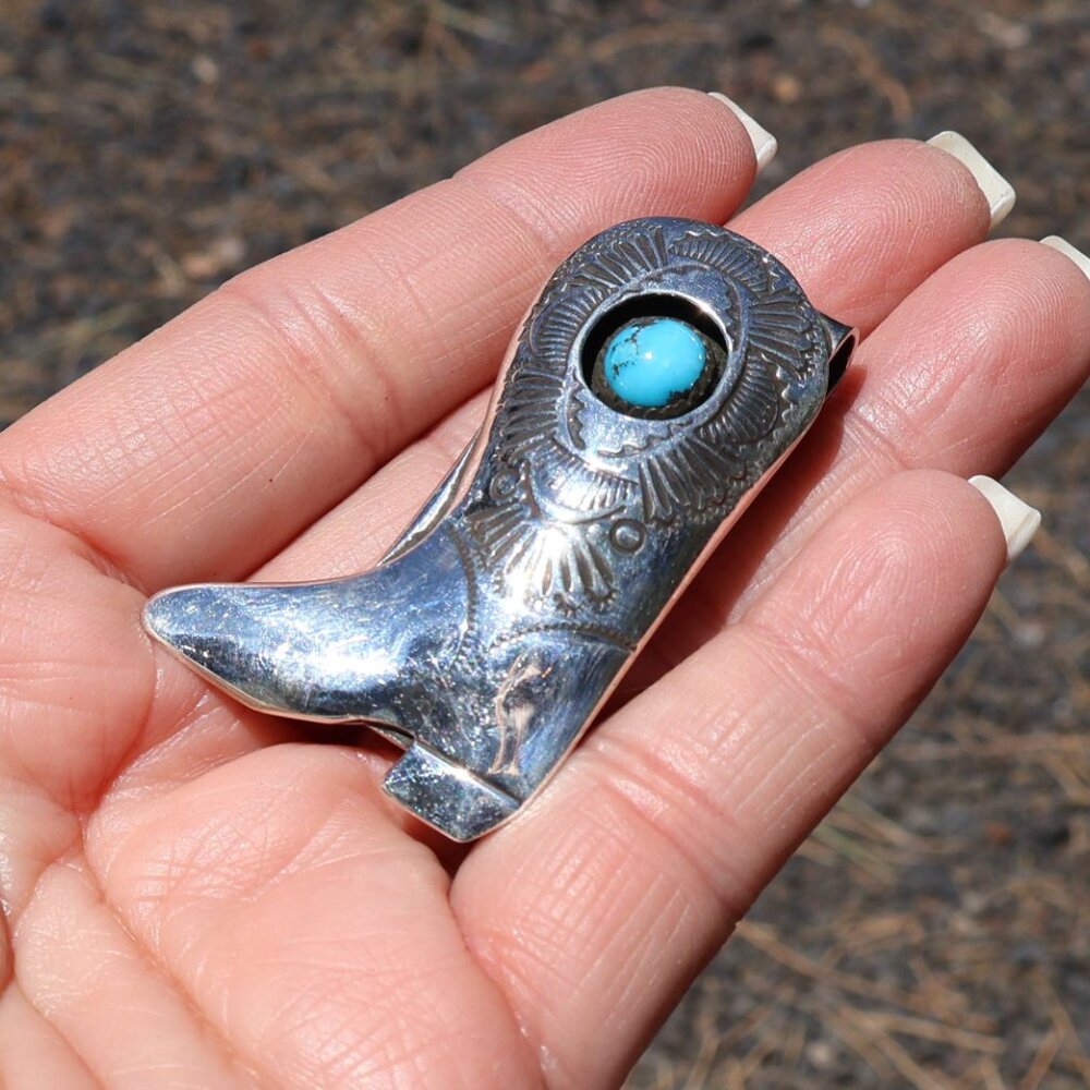 Cowboy Boot Money Clip Genuine Navajo Handmade Accessory Silver Turquoise ***